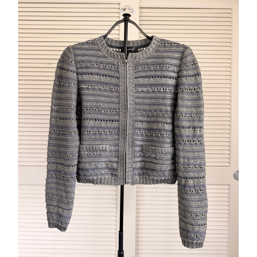 St. John Vintage Old Money Grey Metallic Knit Zip Front Jacket Size 10